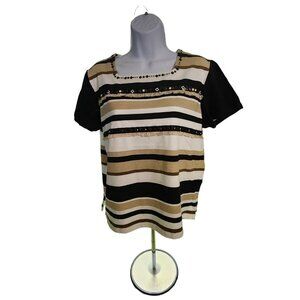 Alfred Dunner Striped Embellished Top Small Beaded Fringe Short Slee Retro Glam